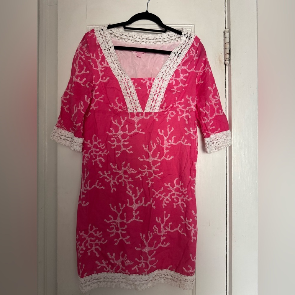 Lilly Pulitzer Pink Dress with White Coral Pattern.